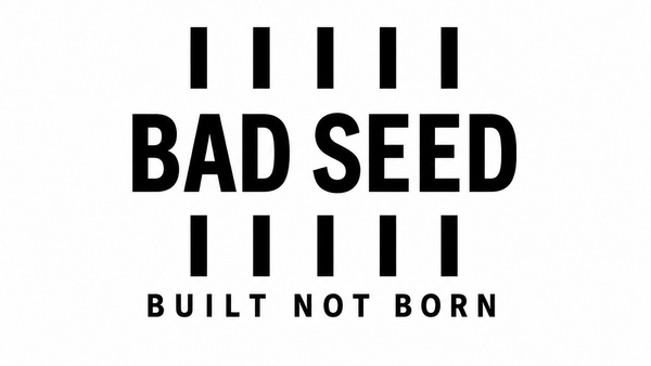 Text 'BAD SEED Built Not Born' in black on a white background